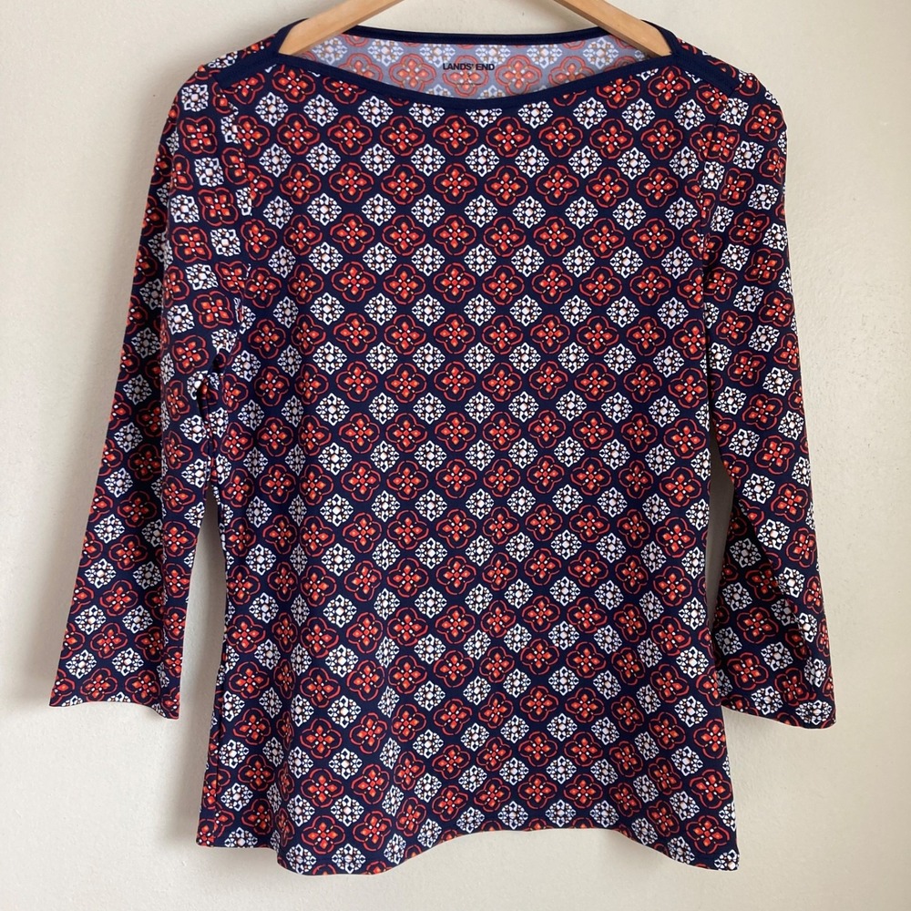 Lands End Womens Small Navy Orange Geometric Medallion Boatneck Top